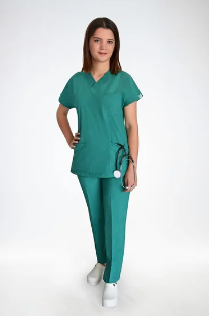 Unisex Terikoton Ameliyat Yeşili Hemşire Üniforma Takımı Scrubs