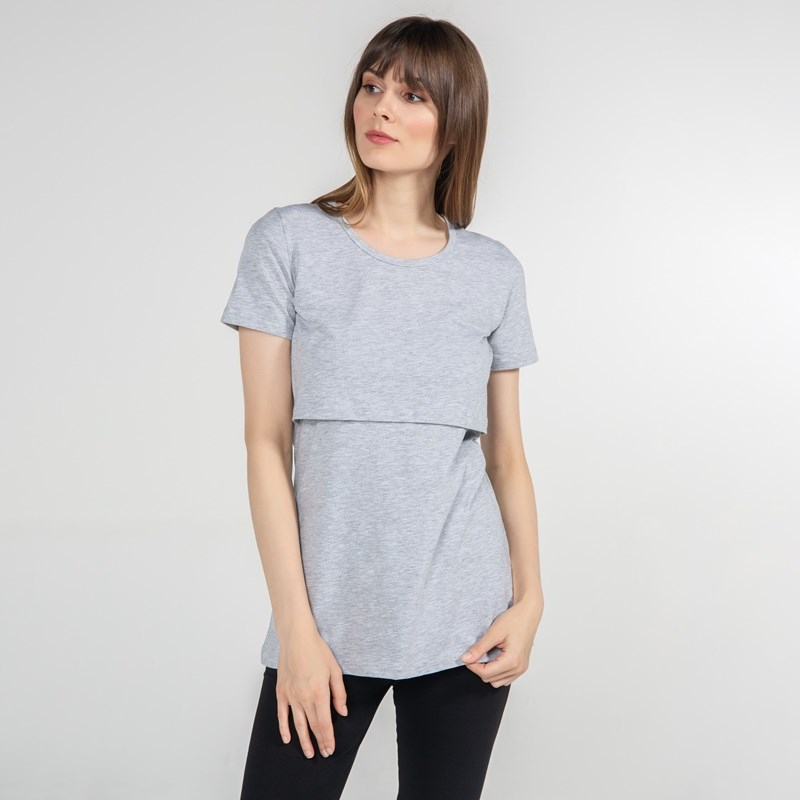 Bisiklet Yaka Emzirme T-Shirt - Letizia - Gri