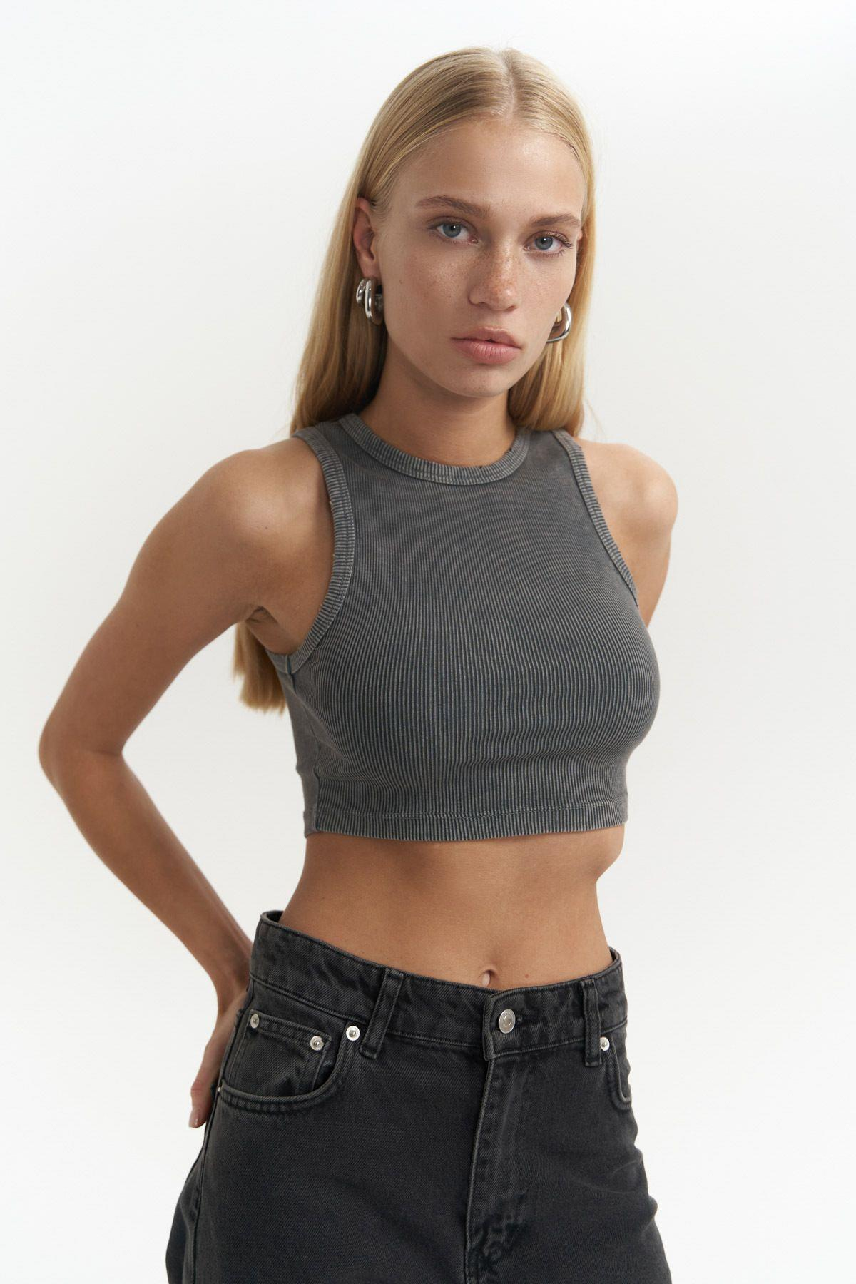 Shoulder Füme Yıkamalı Fitilli Crop