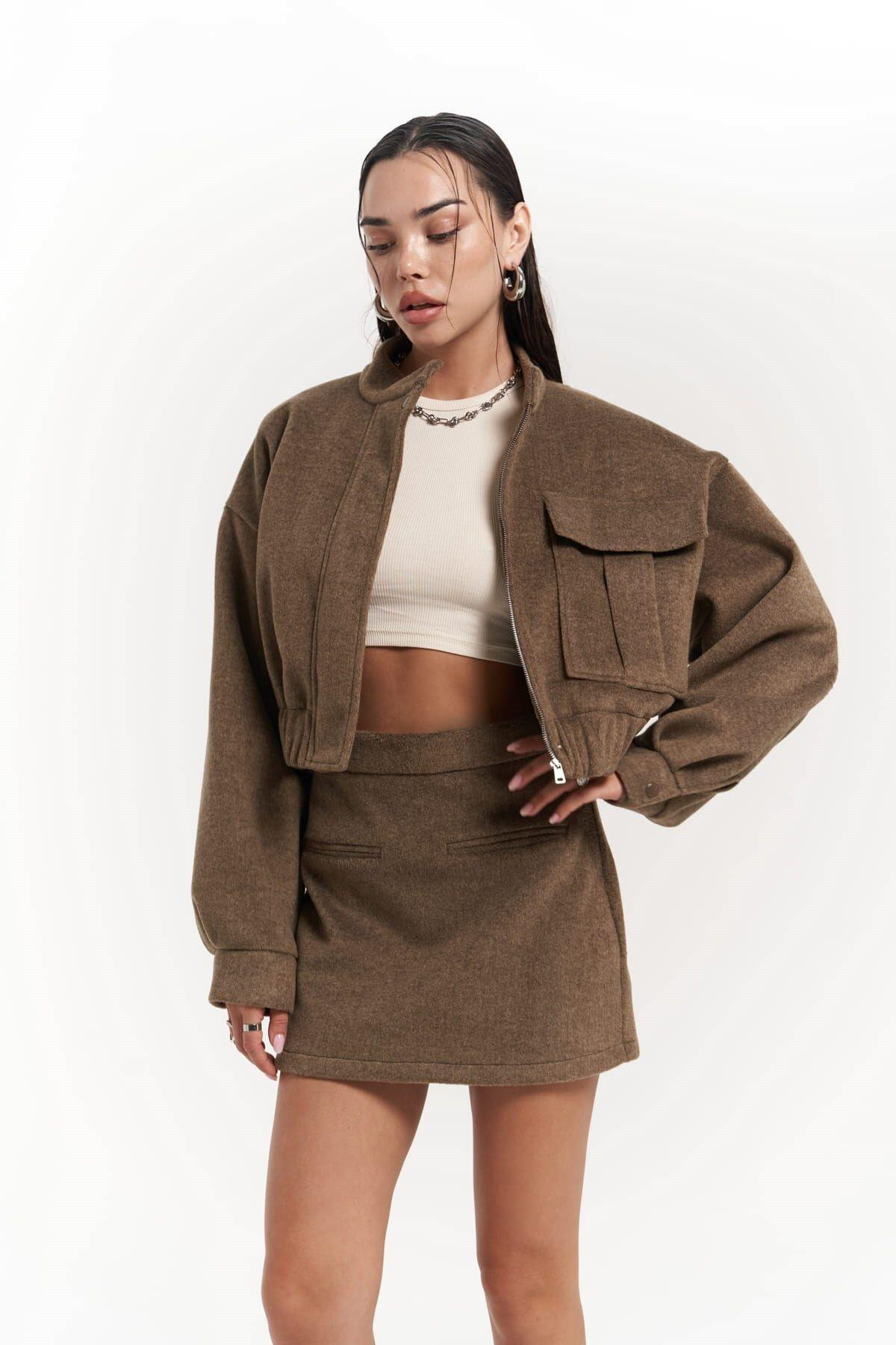 Tenby Soft Kahve Crop Ceket-Etek Takım