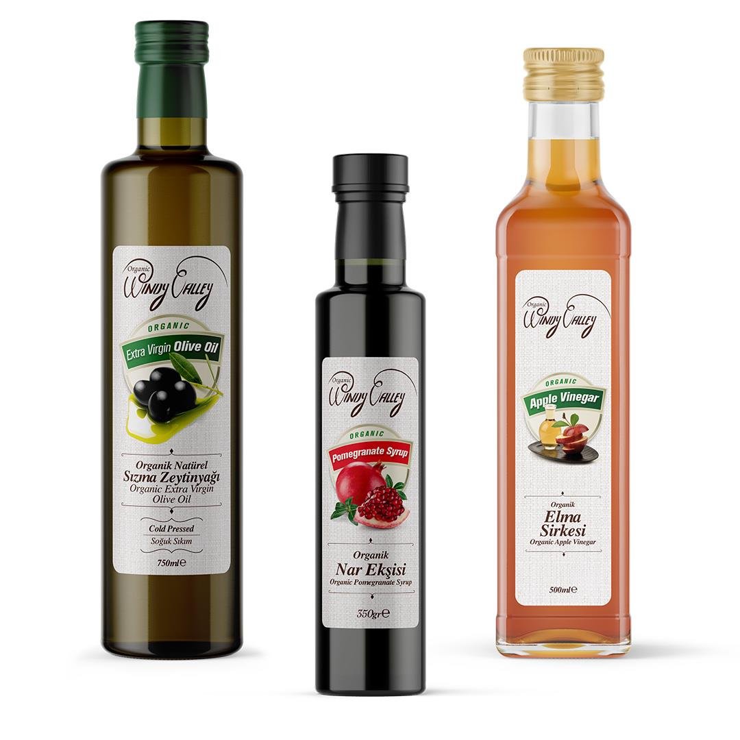 Organik Soslar Seti;  Soğuk sıkım zeytinyağı (750ml) - Elma Sirkesi (500 ml) - Nar Ekşisi (350 gr) 