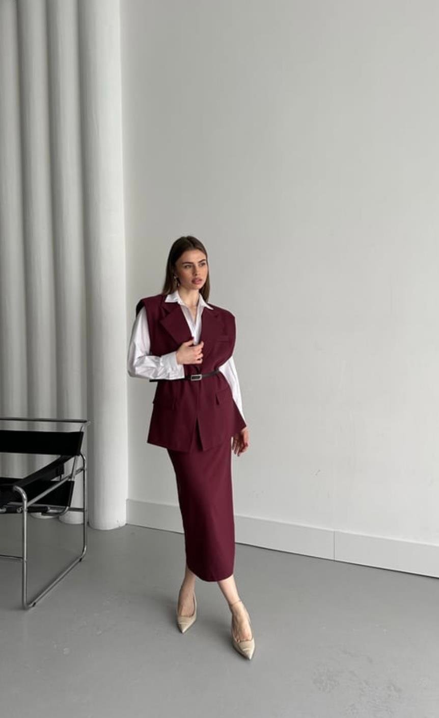 Bordo Vatkalı Kemerli Yelek