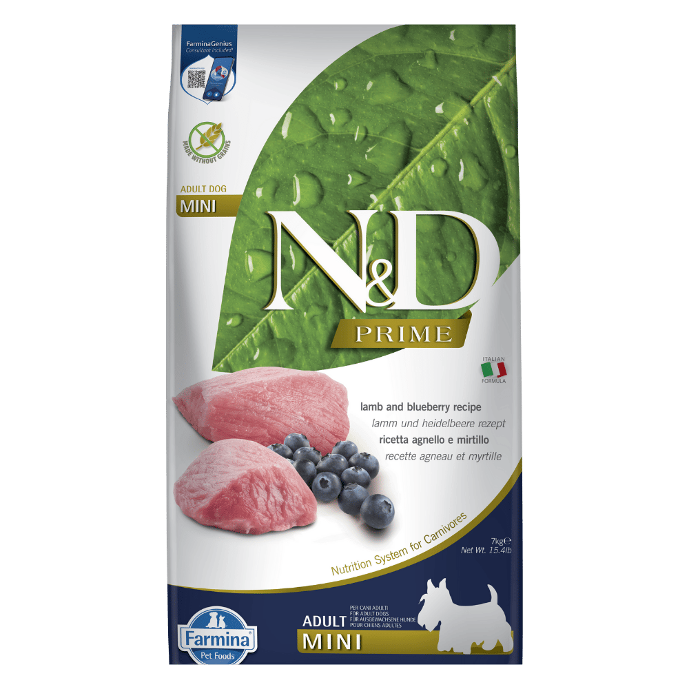 N&D Prime Kuzu Etli ve Yaban Mersinli Küçük Irk Tahılsız Yetişkin Köpek Maması 7kg