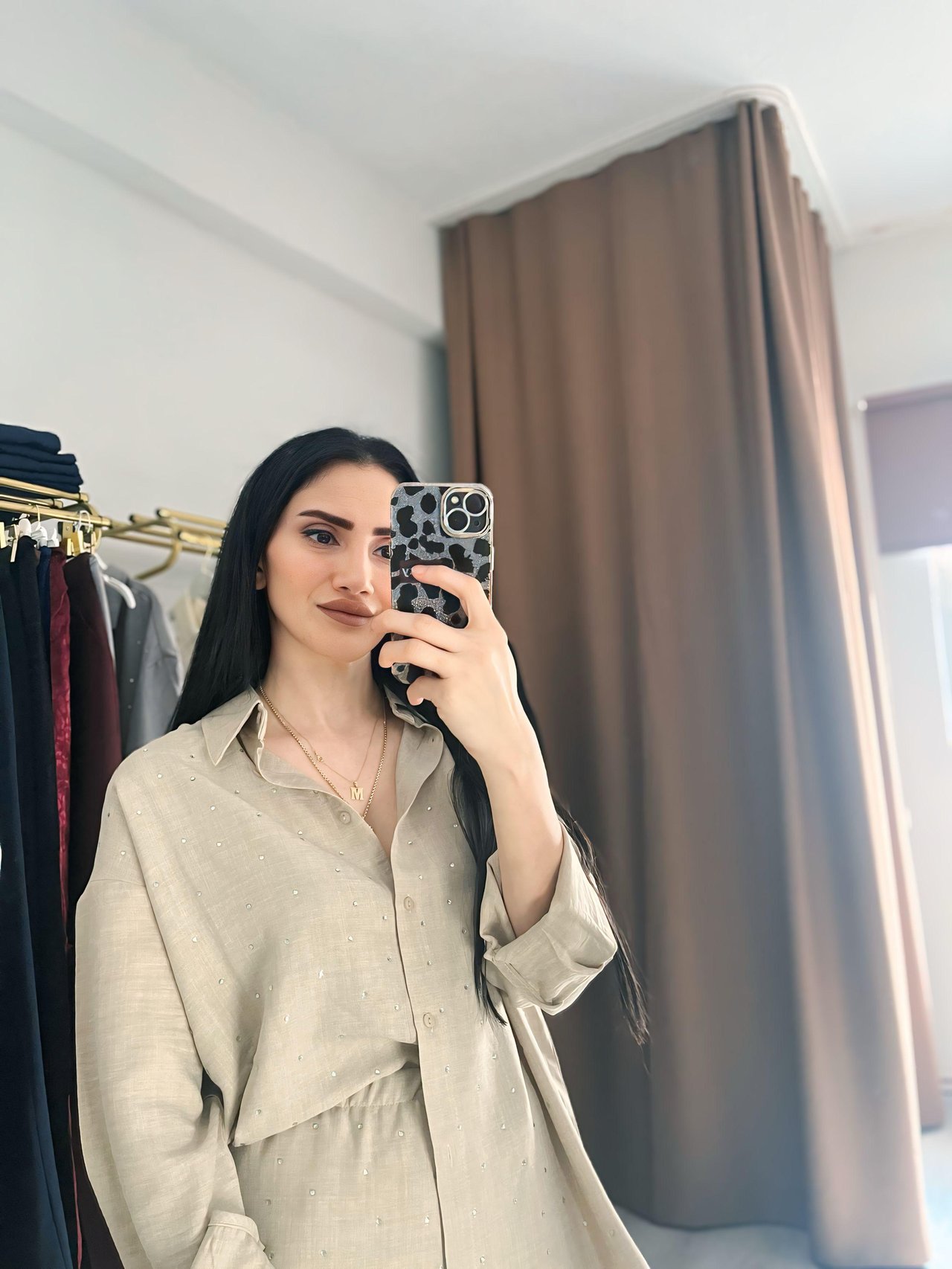 Camel Taşlı Keten Takım