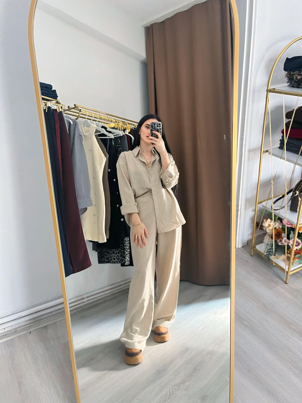 Camel Taşlı Keten Takım