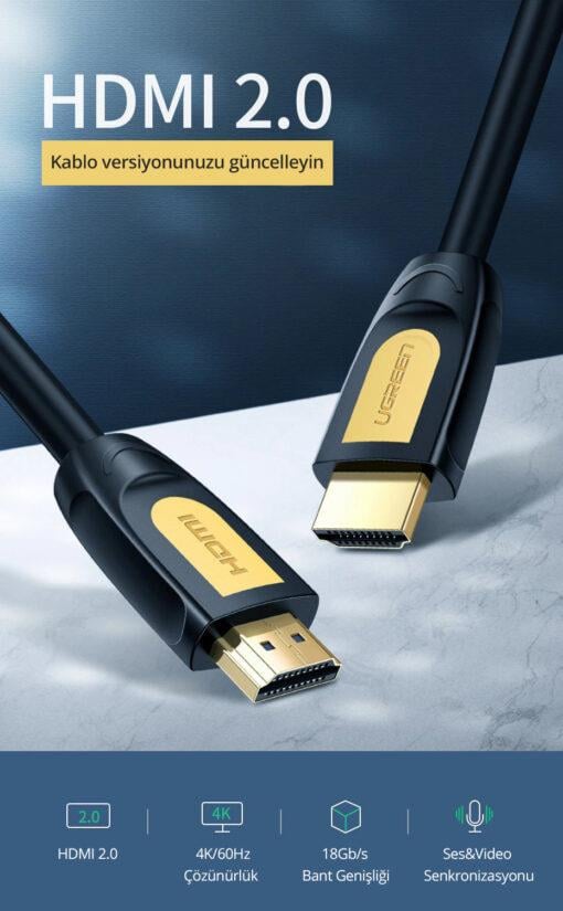 UGREEN 10130 HD101 4K HDR Video 2.0 HDMI Kablo 18Gb/s Yüksek Hız Siyah 3metre