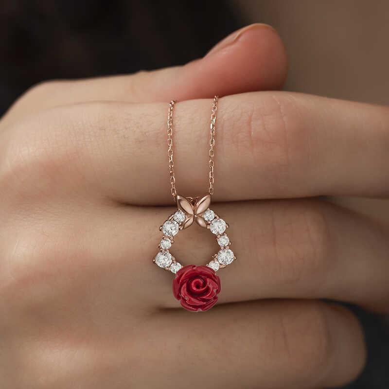 ​​Gümüş Rose Kırmızı Gül Kolye