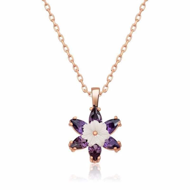 Gümüş Rose Mor Lotus Çiçeği Kolye