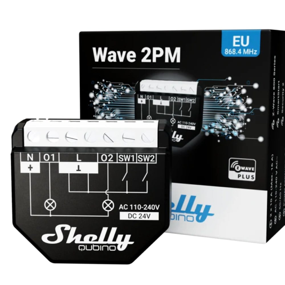 Shelly Wave 2PM Z-Wave iki kanallı enerji ölçümlü akıllı röle ve ürün kutusu
