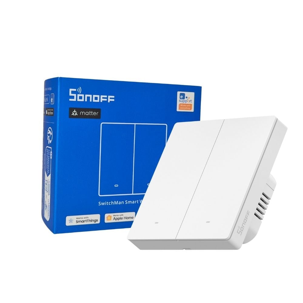SONOFF M5-2C-86W Matter çift kanallı akıllı duvar anahtarı ve ürün kutusu