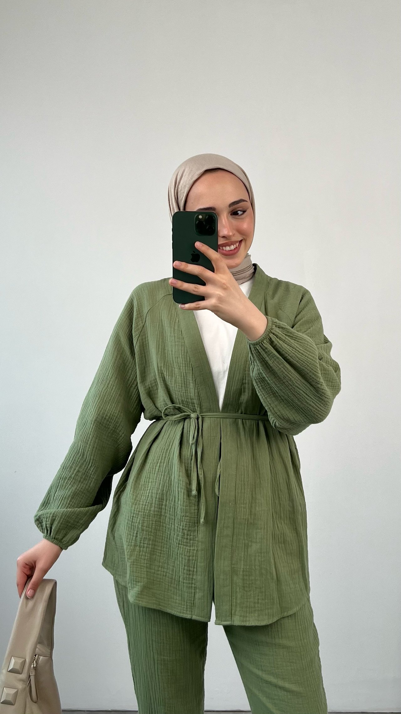 Kimonolu Bağlamalı Müslin Takım Yeşil