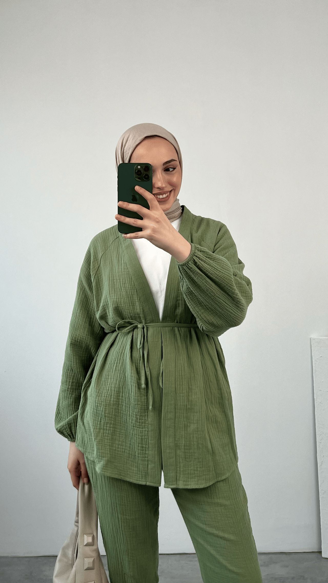 Kimonolu Bağlamalı Müslin Takım Yeşil