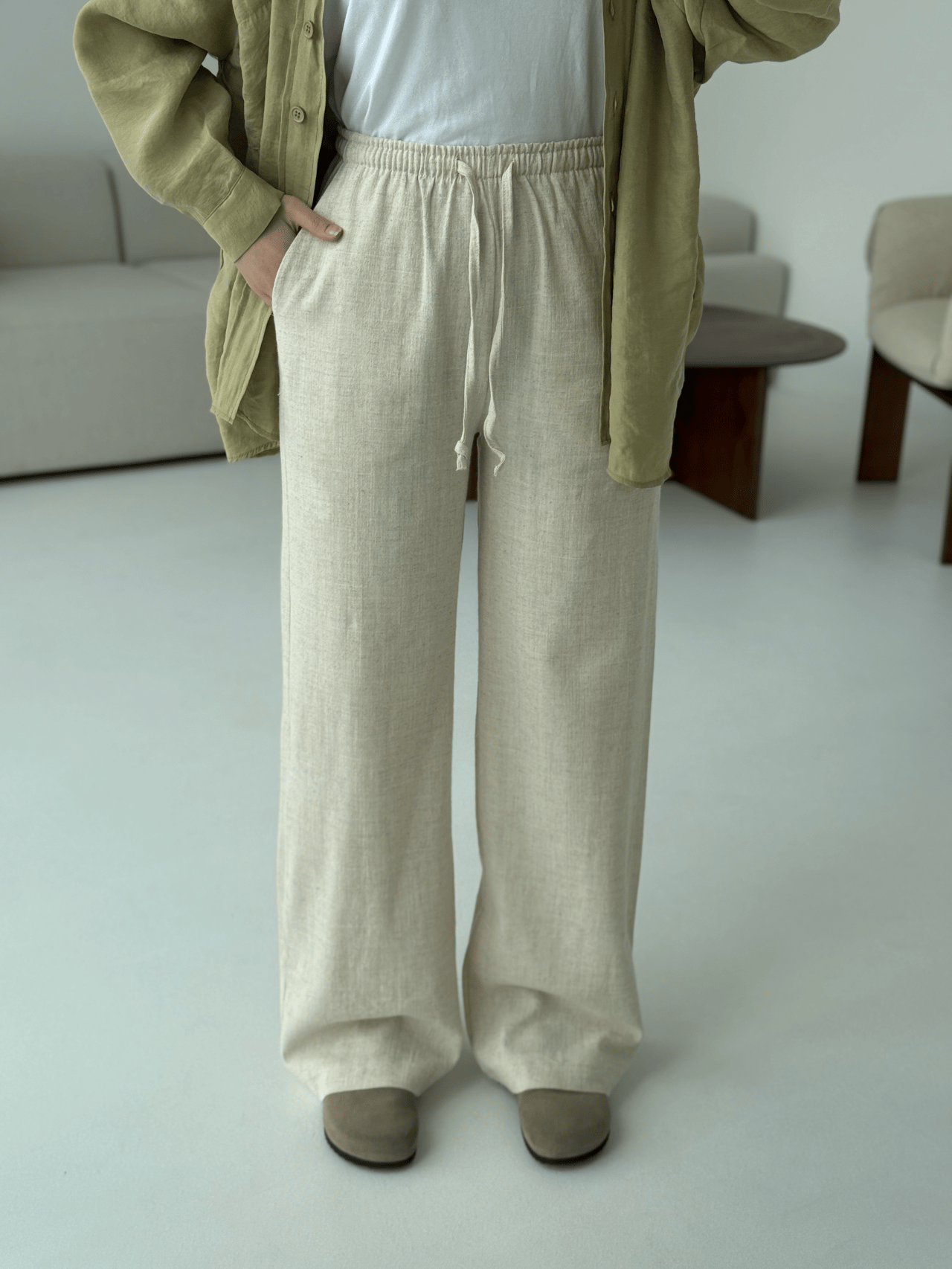 Tam Boy Keten Pantolon Natural