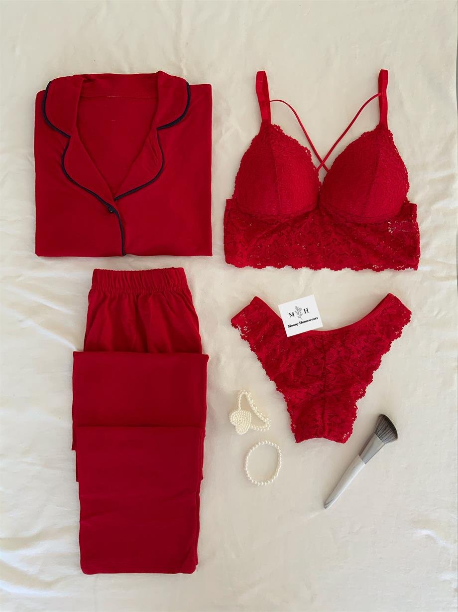 Kırmızı Dore Pijama Takımı