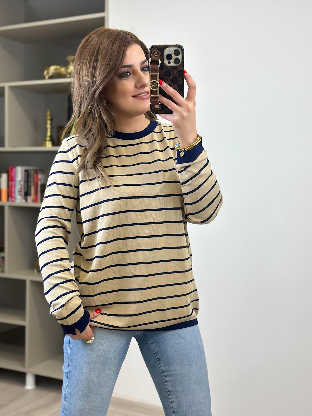 Basic Çizgili Uzun Kol Triko Kazak CAMEL LACİVERT-23MeUST00099