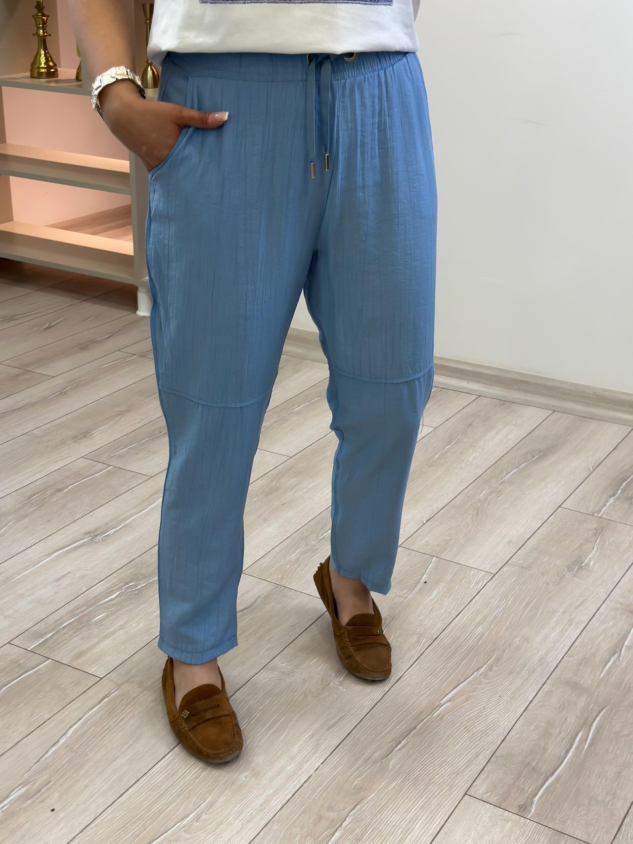 Beli Lastikli Keten Pantolon BEBE MAVİ-23YALT000061