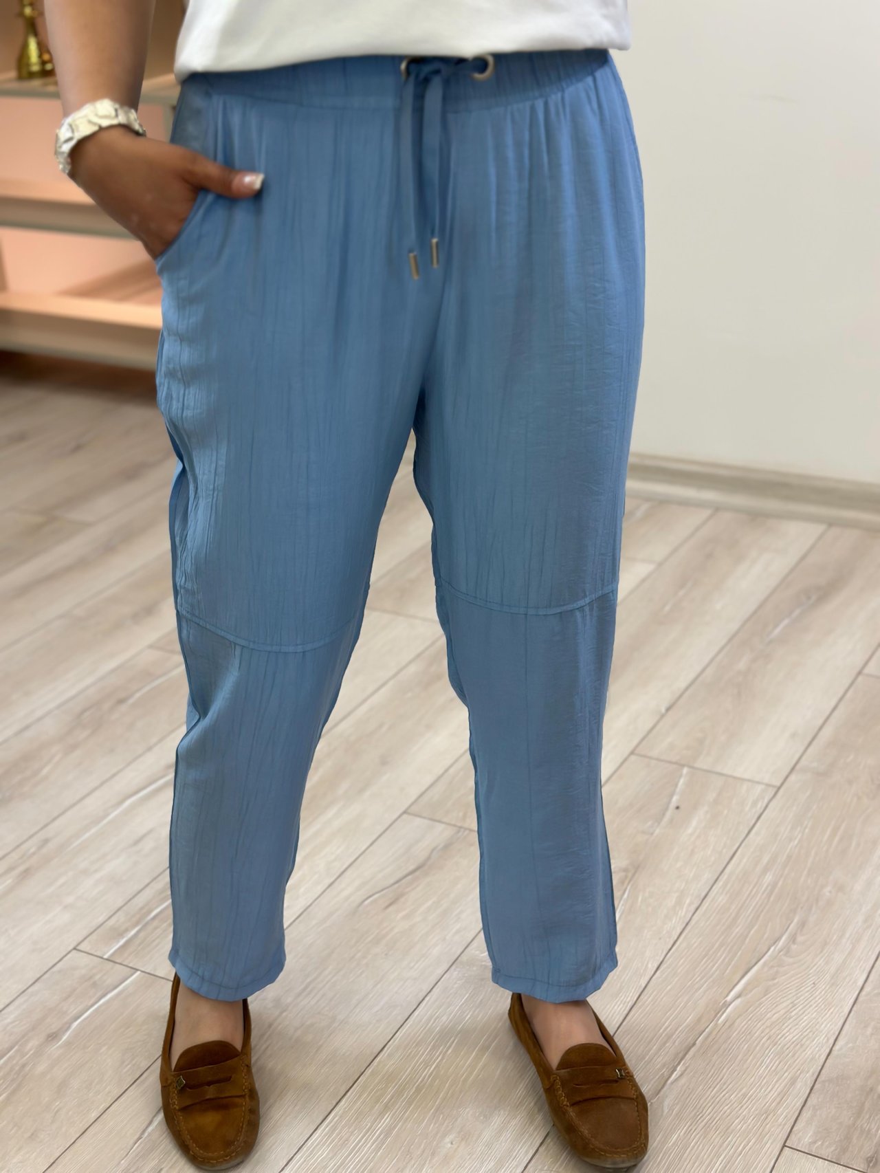 Beli Lastikli Keten Pantolon BEBE MAVİ-23YALT000061