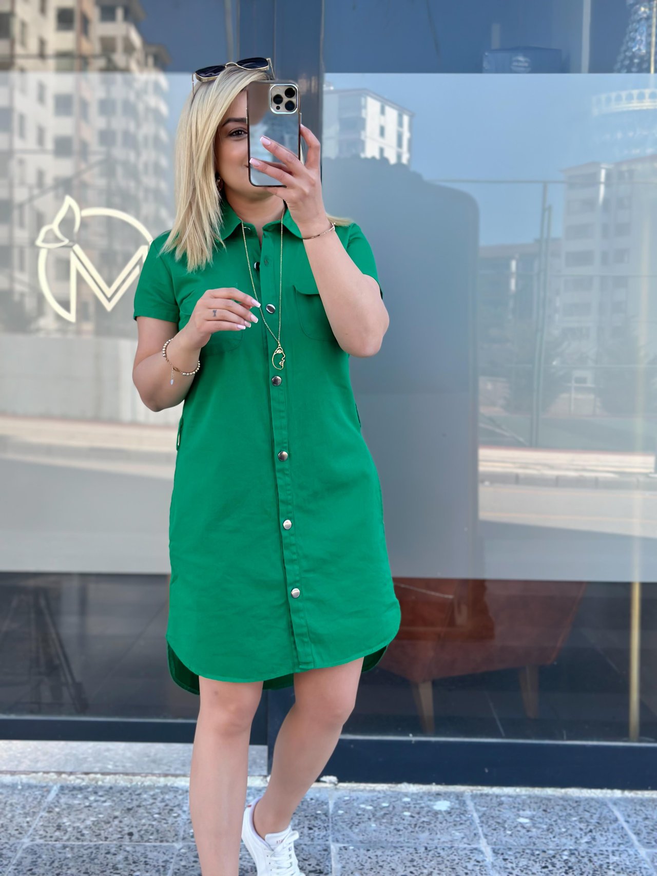 Cepli Kuşaklı Gabardin ELbise YEŞİL-23YELB000041