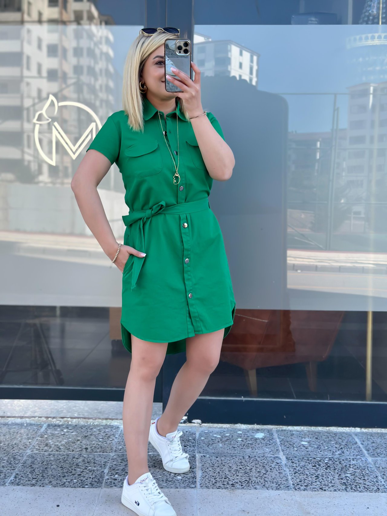 Cepli Kuşaklı Gabardin ELbise YEŞİL-23YELB000041