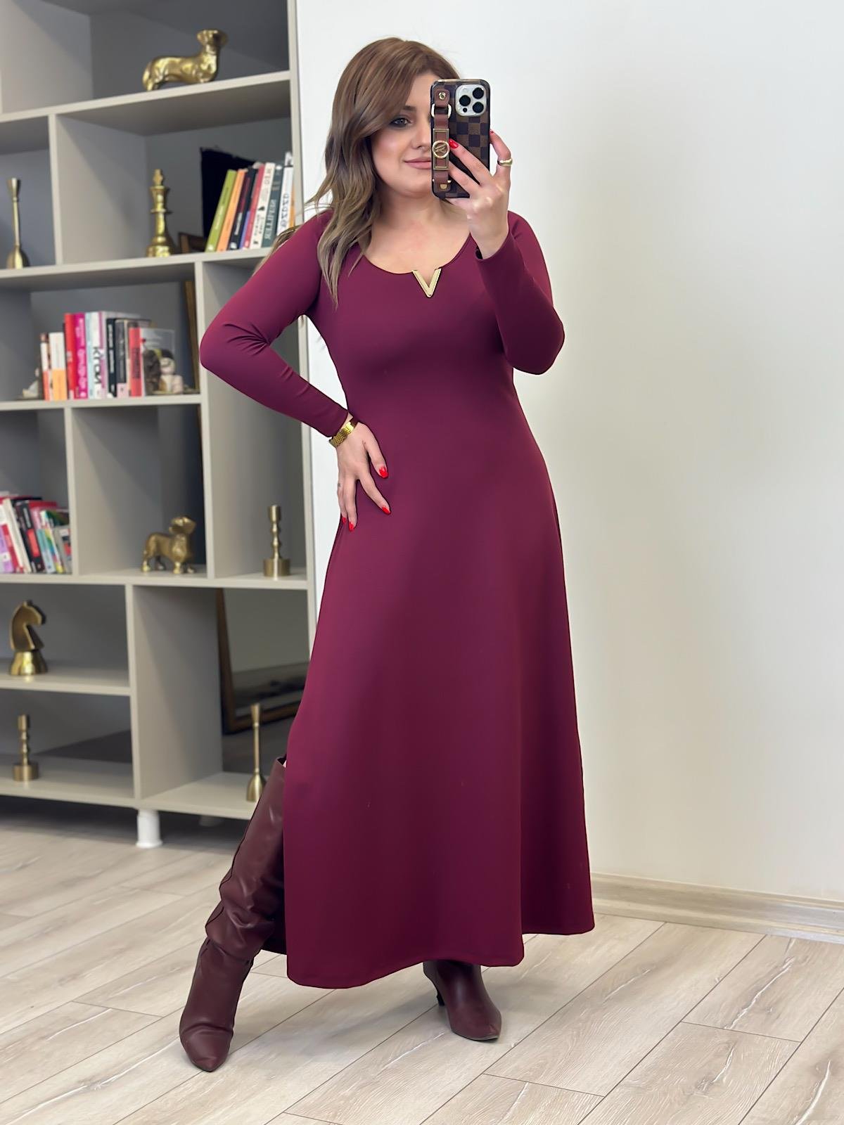 Gold Detaylı Modal Elbise BORDO-23KELB000017