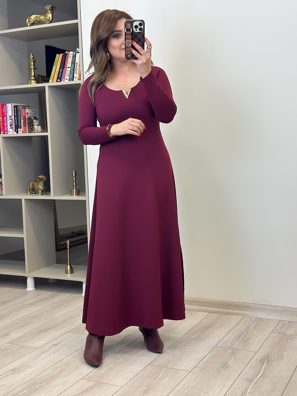 Gold Detaylı Modal Elbise BORDO-23KELB000017