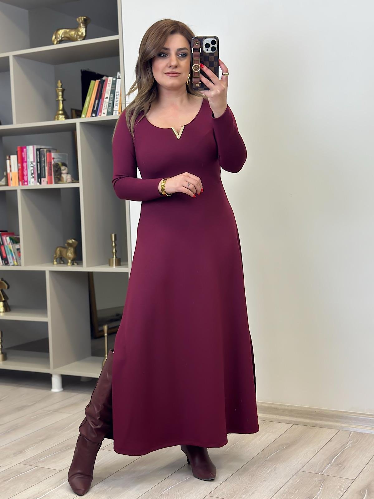 Gold Detaylı Modal Elbise BORDO-23KELB000017