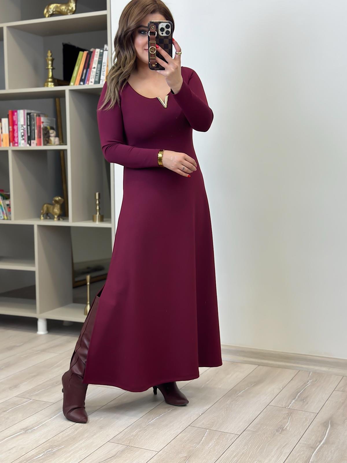 Gold Detaylı Modal Elbise BORDO-23KELB000017