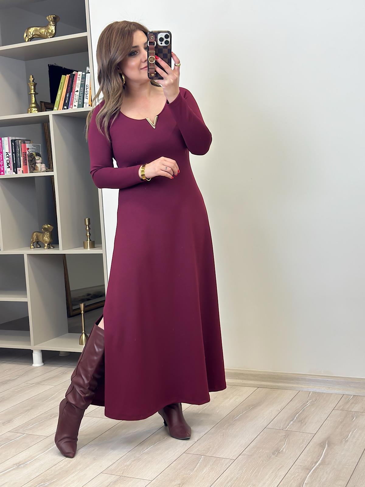 Gold Detaylı Modal Elbise BORDO-23KELB000017