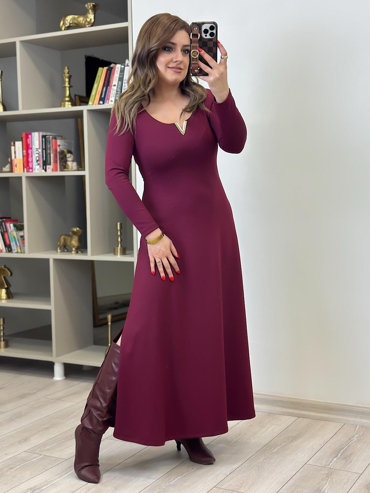 Gold Detaylı Modal Elbise BORDO-23KELB000017