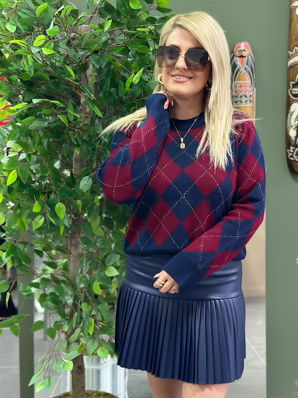 Haley Baklava Desenli Kazak BORDO LACİVERT-23KUST000110