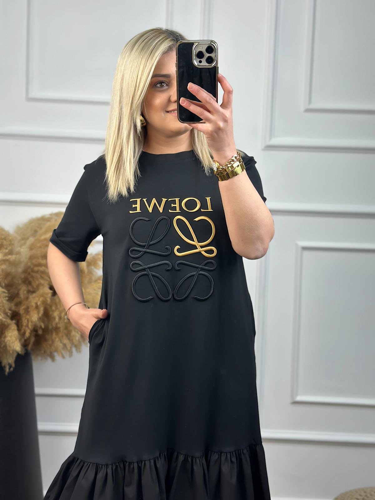 Love Baskı Detaylı Etegi Büzgülü Elbise SİYAH-23YELB000024