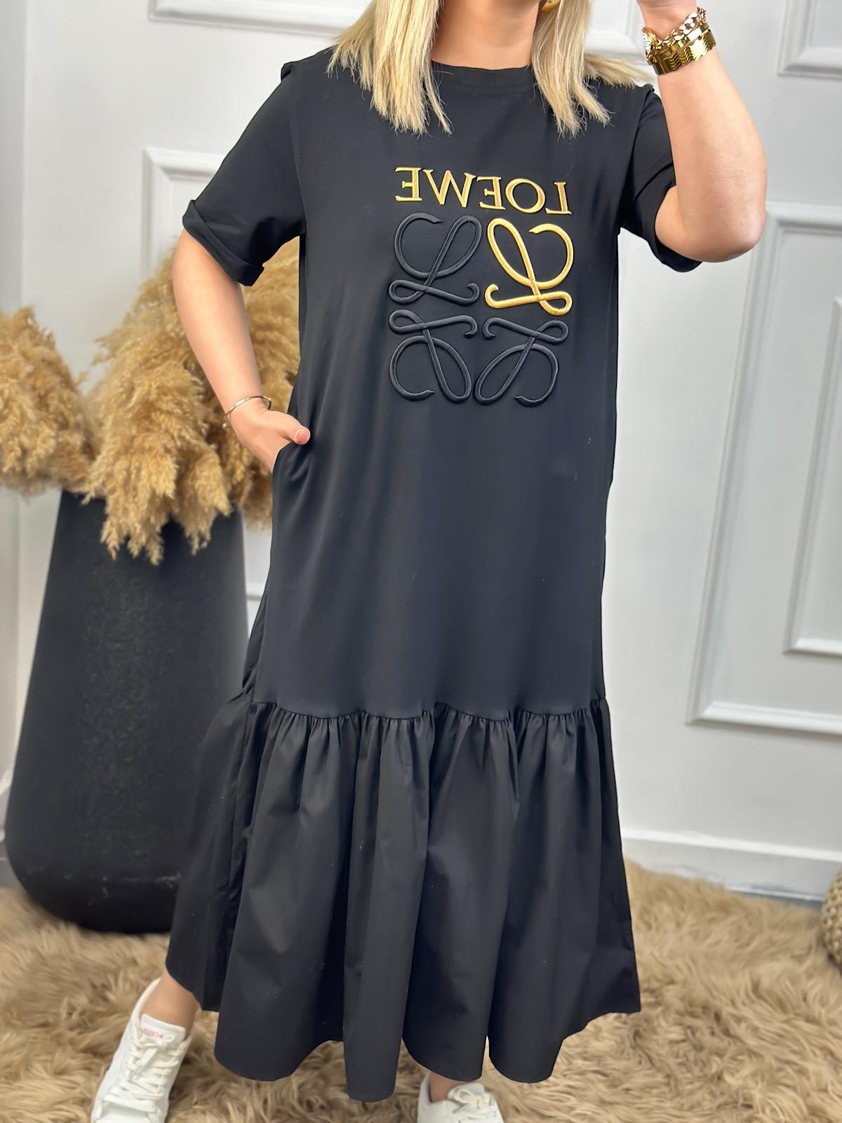 Love Baskı Detaylı Etegi Büzgülü Elbise SİYAH-23YELB000024