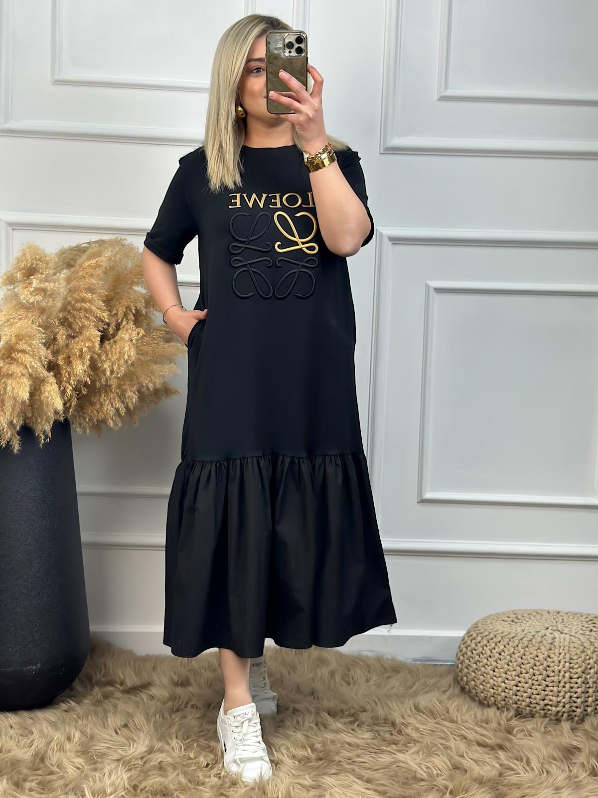 Love Baskı Detaylı Etegi Büzgülü Elbise SİYAH-23YELB000024
