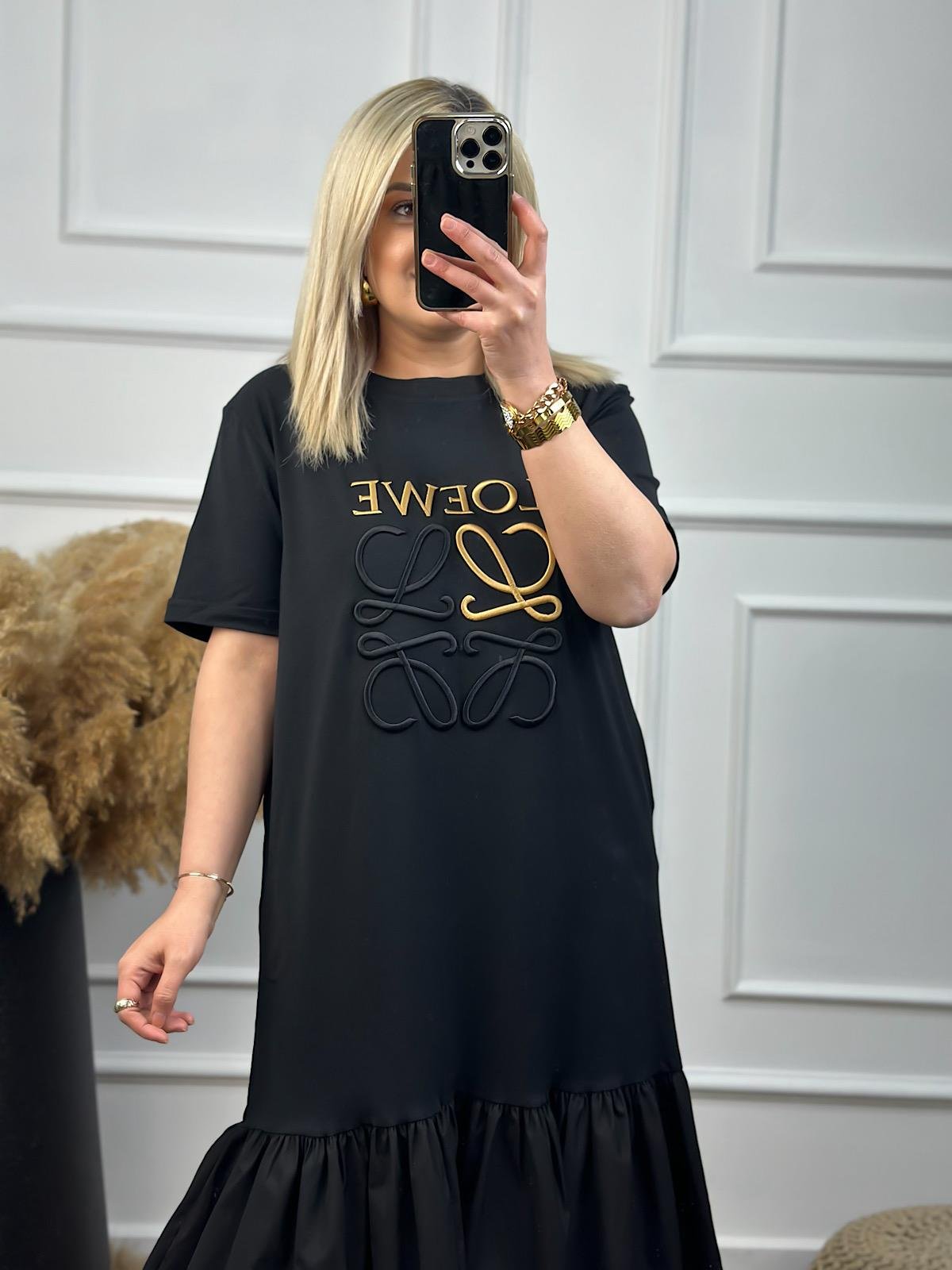 Love Baskı Detaylı Etegi Büzgülü Elbise SİYAH-23YELB000024