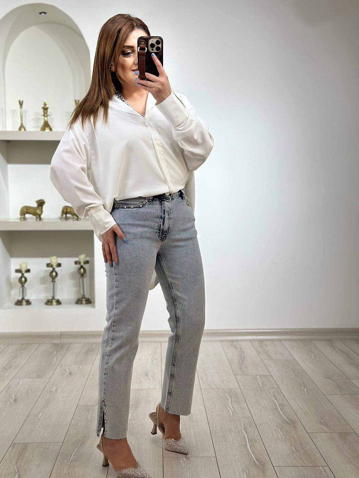 Lüks Kalite Flare Paça Mom Fit Pantolon BUZ MAVİ-23YALT000036
