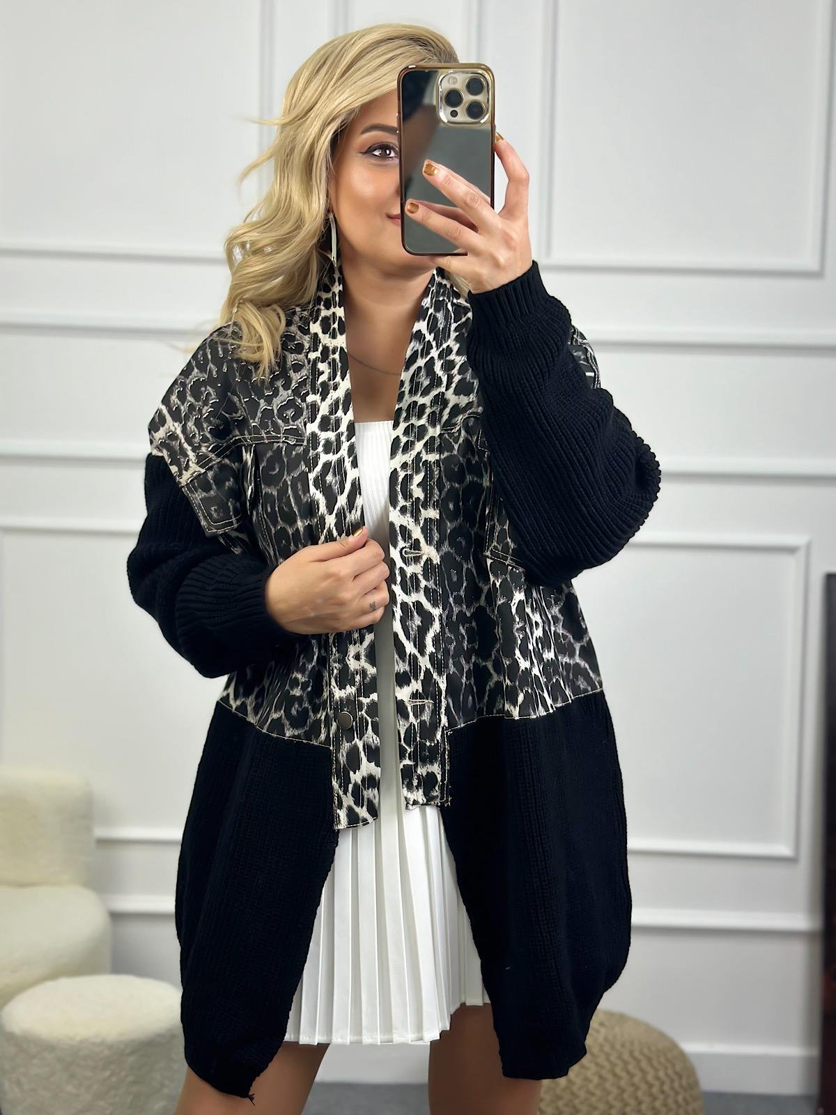 Marka Model Triko Mixli Üstü Gabardin Tasarım Leopar Ceket SİYAH-23MeDIS00008