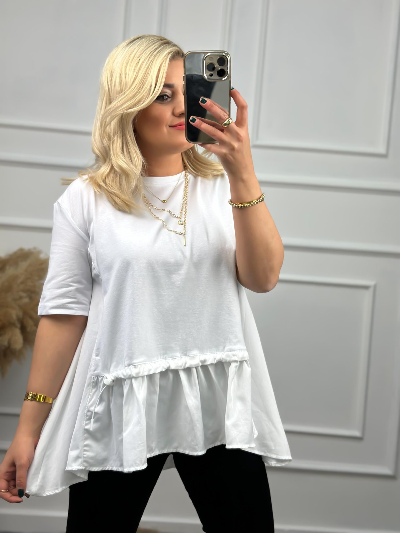 Poplin Detaylı  Belli Lastikli Tshirt BEYAZ-23YUST000007