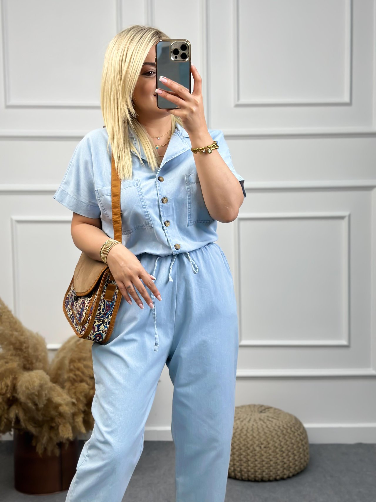 Premium Seri Tensel Jean Kumaş Kısa Kol Beli Lastikli Tulum BEBE MAVİ-23YALT000015
