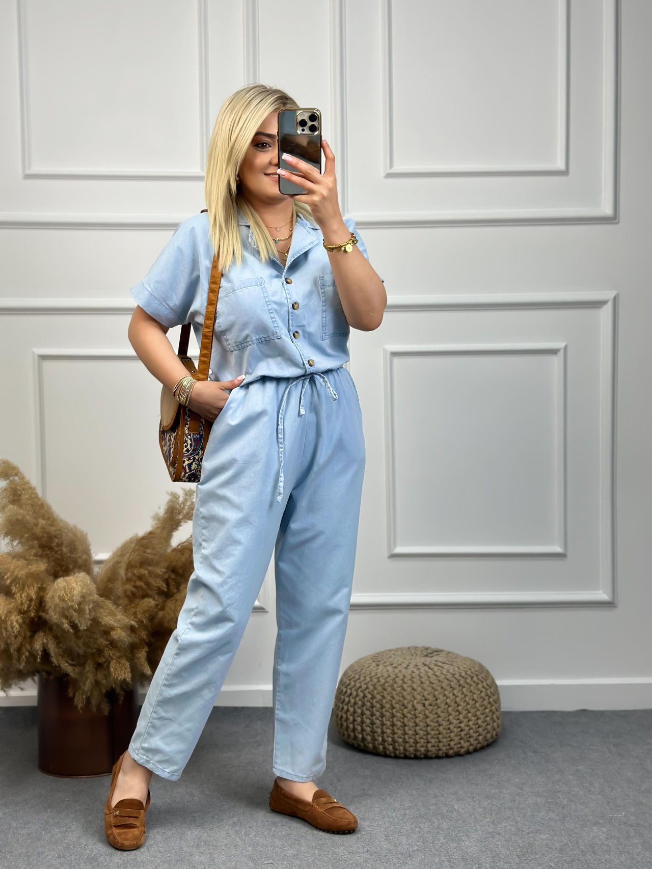 Premium Seri Tensel Jean Kumaş Kısa Kol Beli Lastikli Tulum BEBE MAVİ-23YALT000015