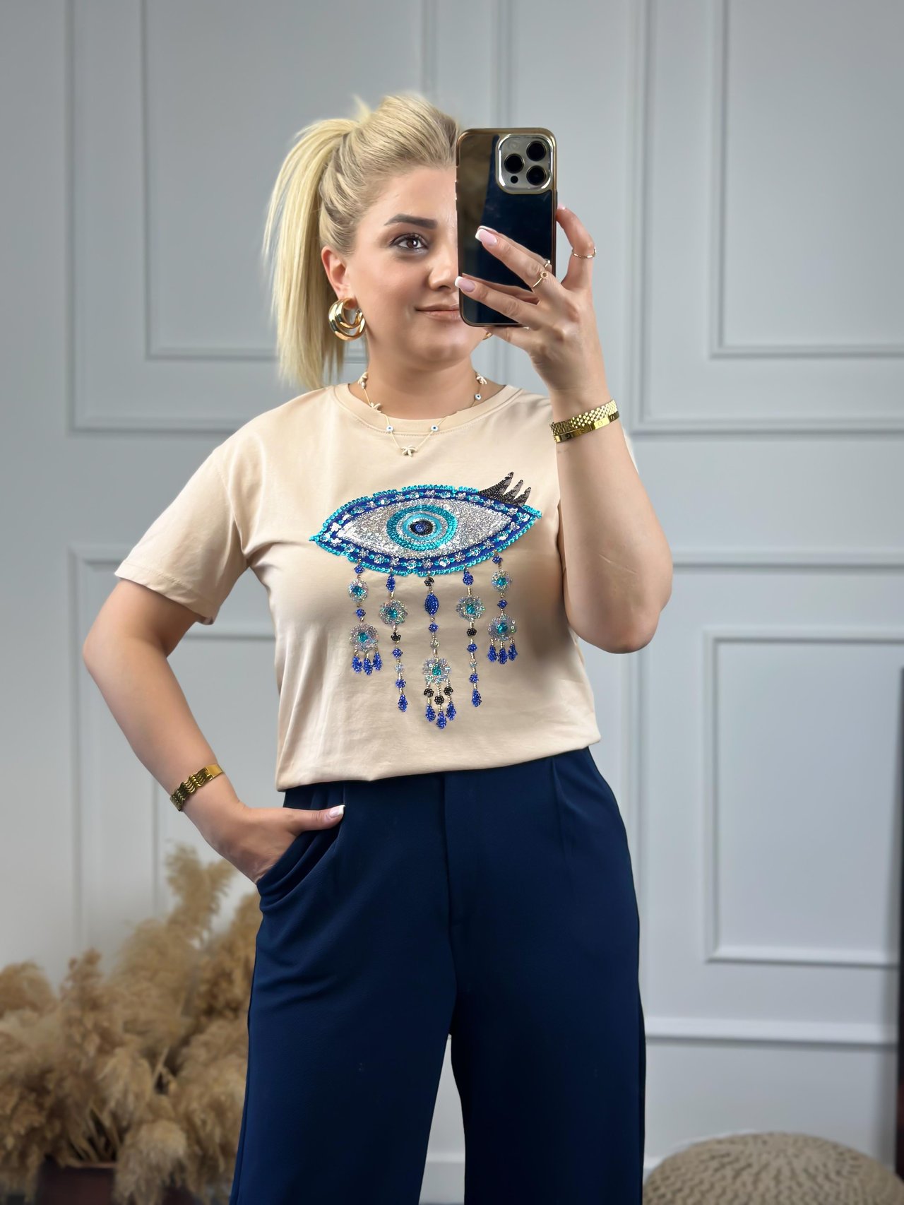 Pullu Göz Detaylı Tshirt BEJ-23YUST000074