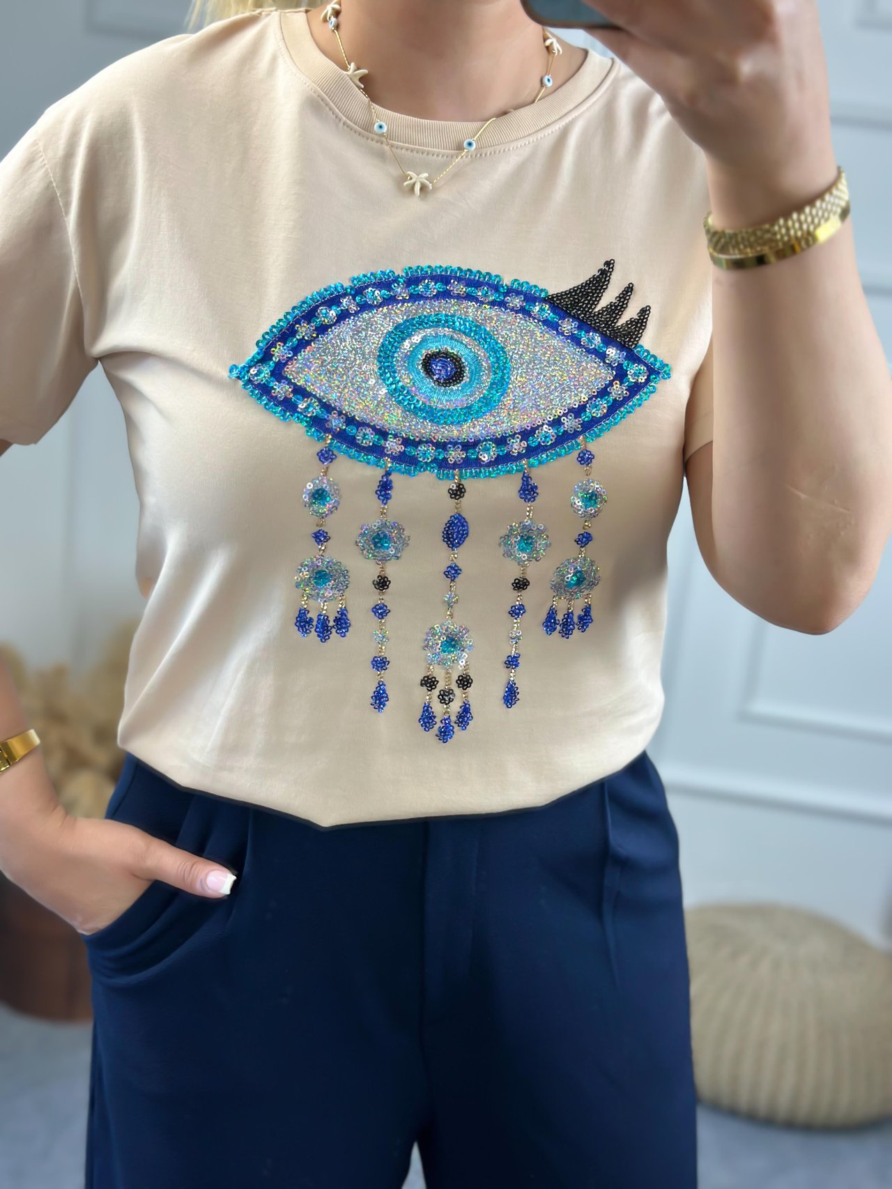 Pullu Göz Detaylı Tshirt BEJ-23YUST000074