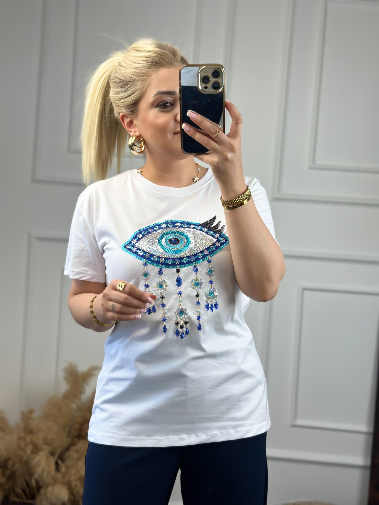 Pullu Göz Detaylı Tshirt BEYAZ-23YUST000074