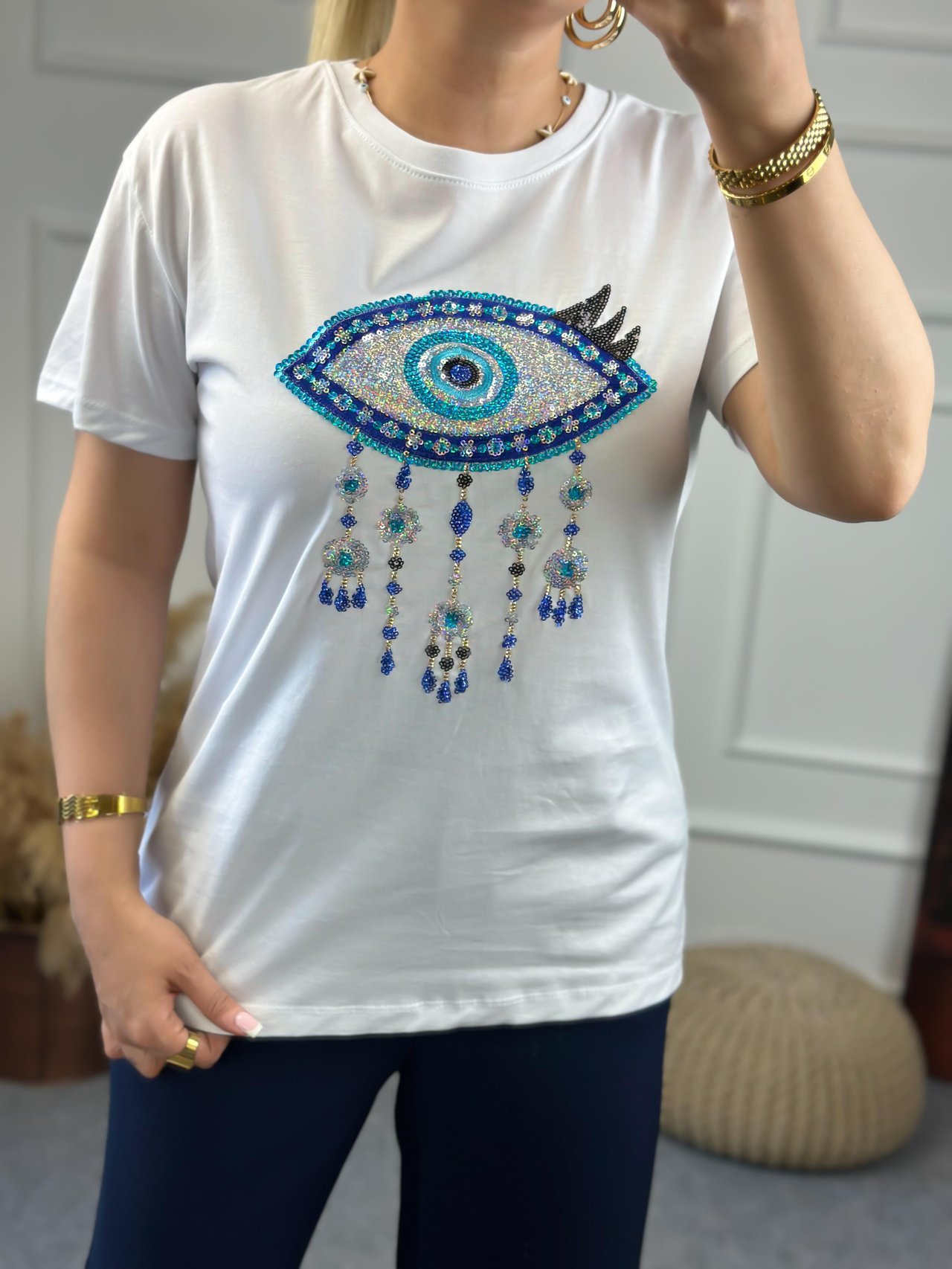 Pullu Göz Detaylı Tshirt BEYAZ-23YUST000074
