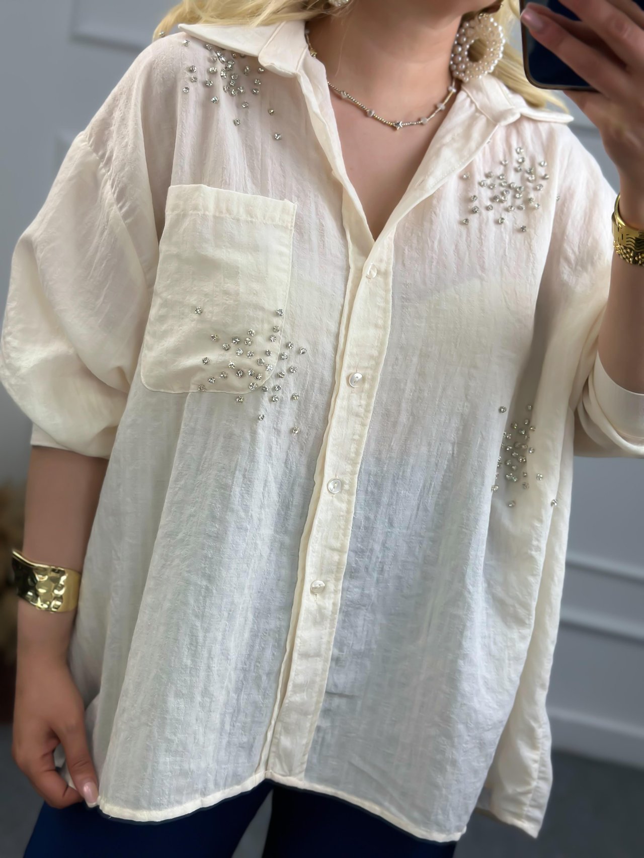 Taşlı Cepli Oversize Gömlek EKRU-23YUST000089
