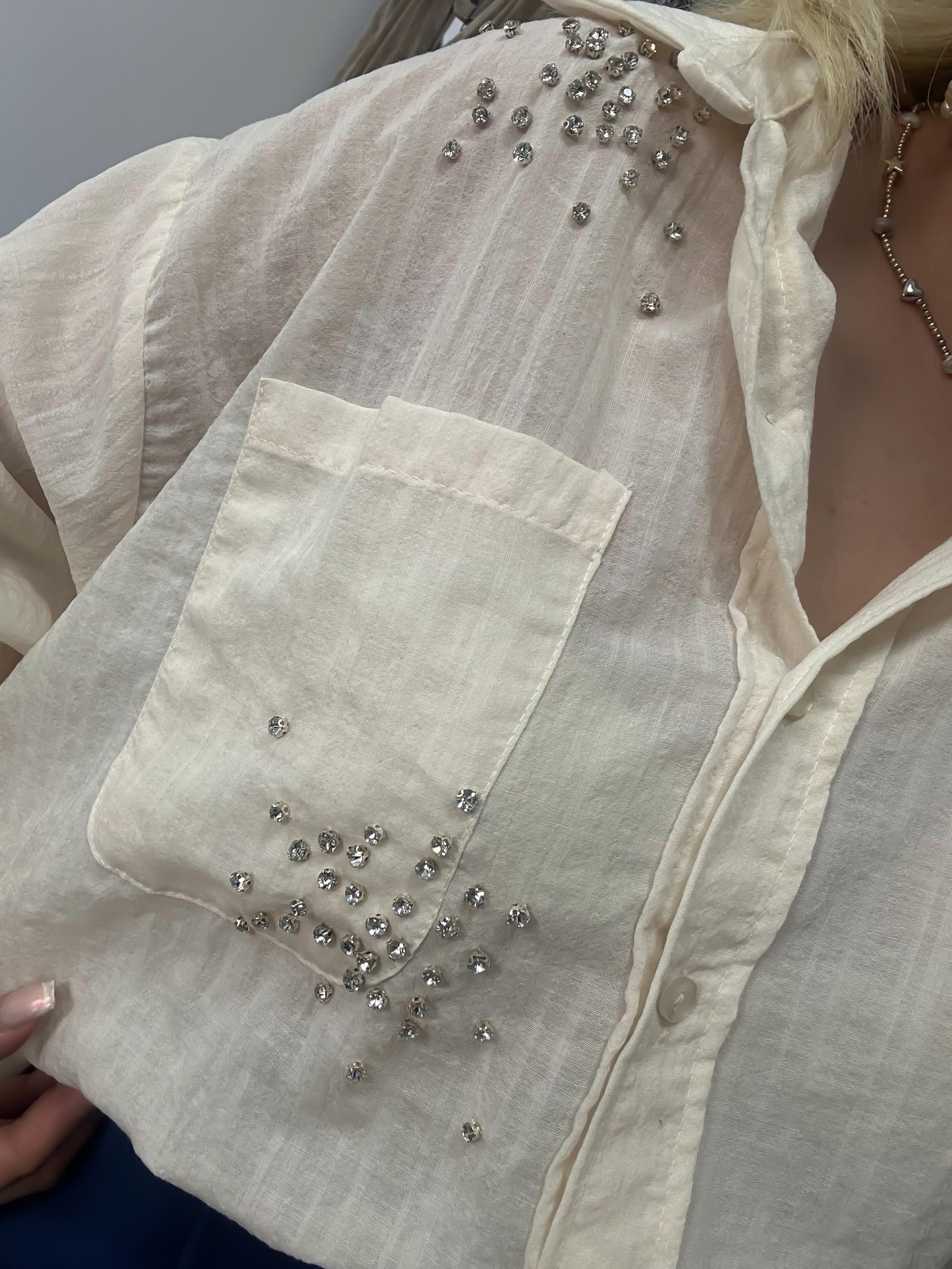 Taşlı Cepli Oversize Gömlek EKRU-23YUST000089