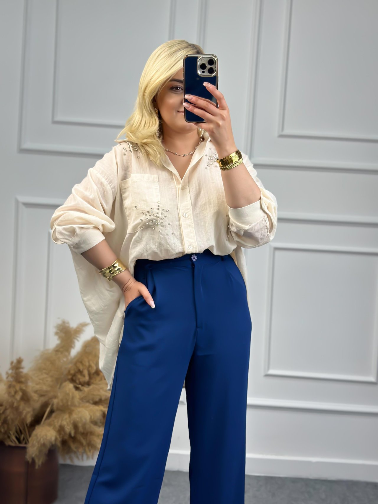 Taşlı Cepli Oversize Gömlek EKRU-23YUST000089