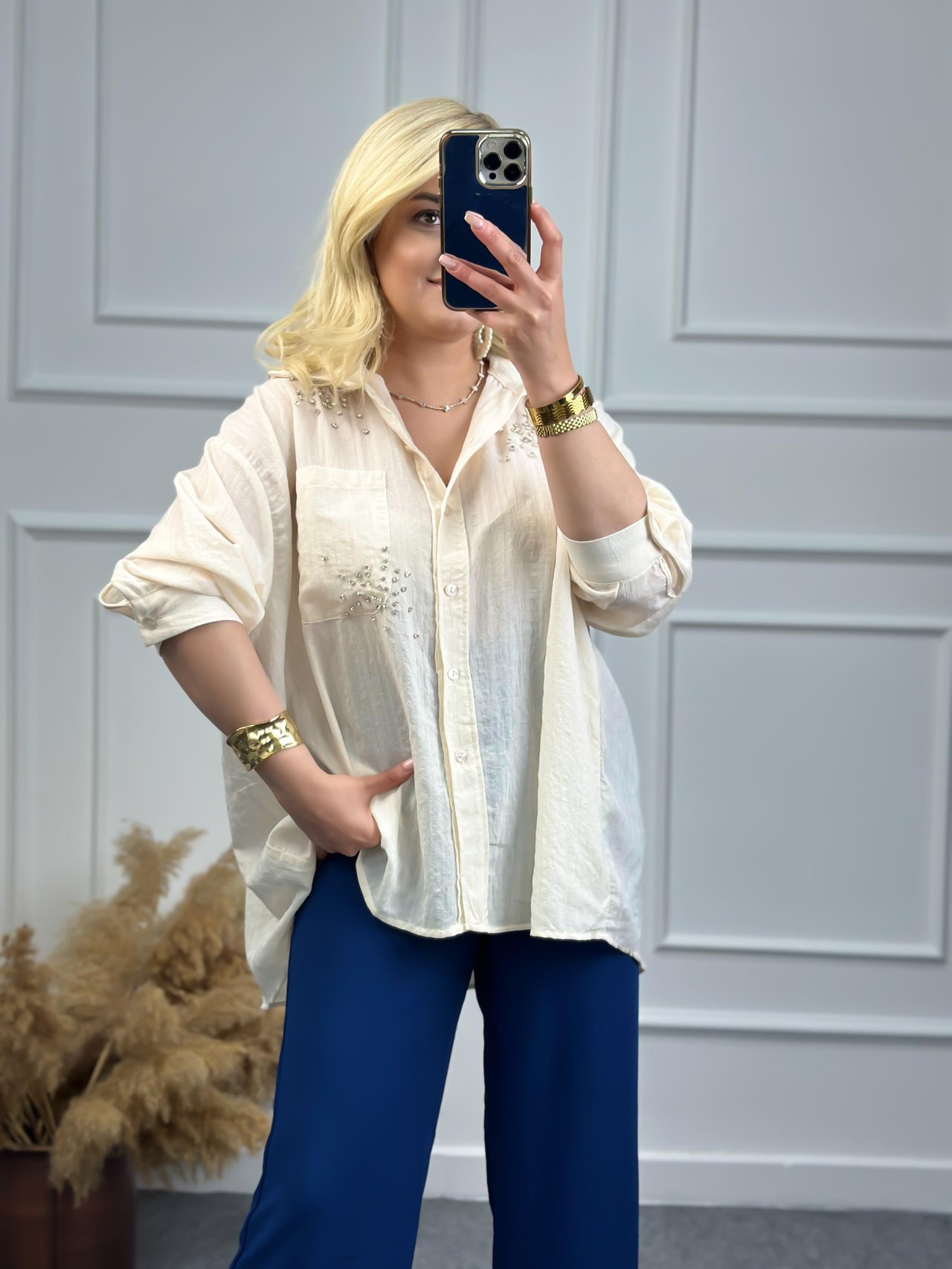 Taşlı Cepli Oversize Gömlek EKRU-23YUST000089