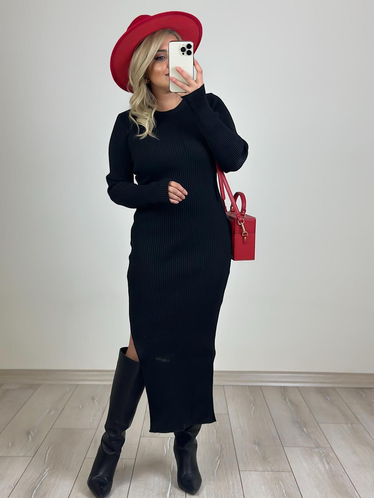 Yandan Yırtmaçlı Maxi Boy Triko Elbise SİYAH-23KELB000016