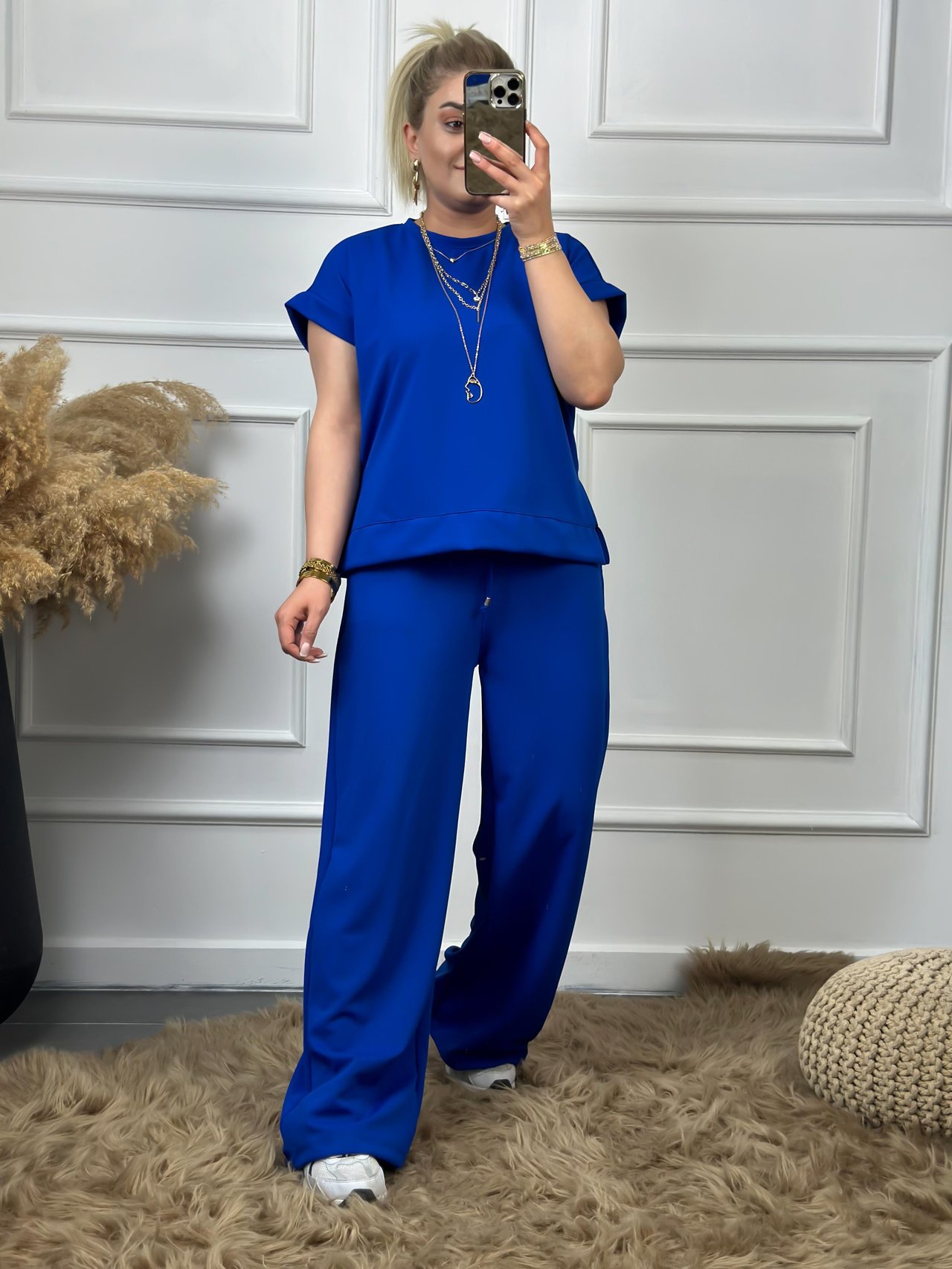 Yanları Yırtmaçlı Likralı Bol Paça Pantolon Bluz Takım SAKS-23YUST000048