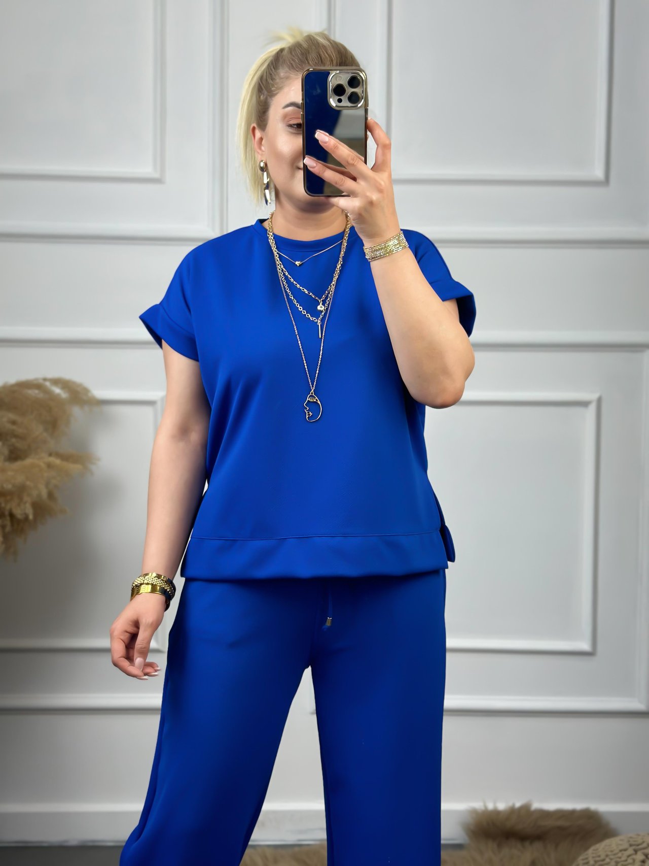 Yanları Yırtmaçlı Likralı Bol Paça Pantolon Bluz Takım SAKS-23YUST000048